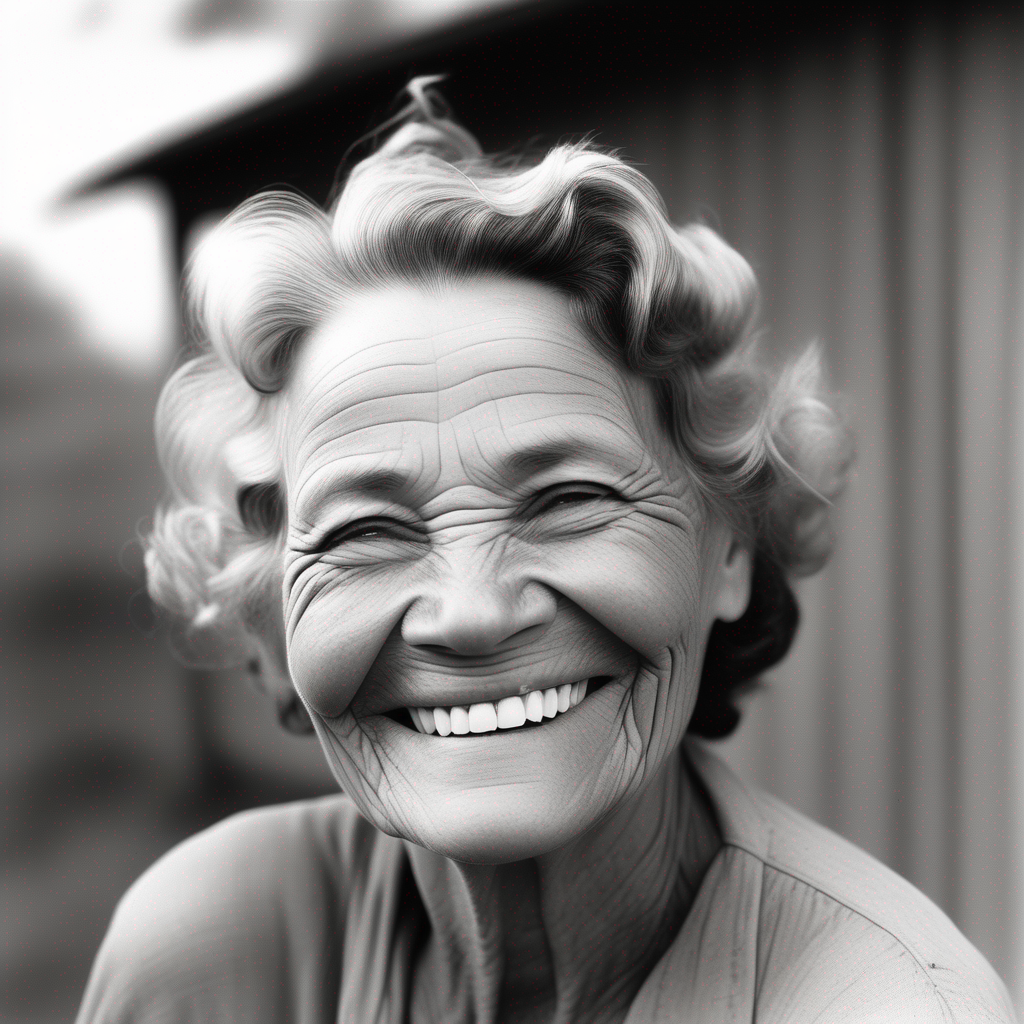 A genuine, black and white portrait capturing the smile of a 60-year-old woman, including her shoulders, in the style of Dorothea Lange.