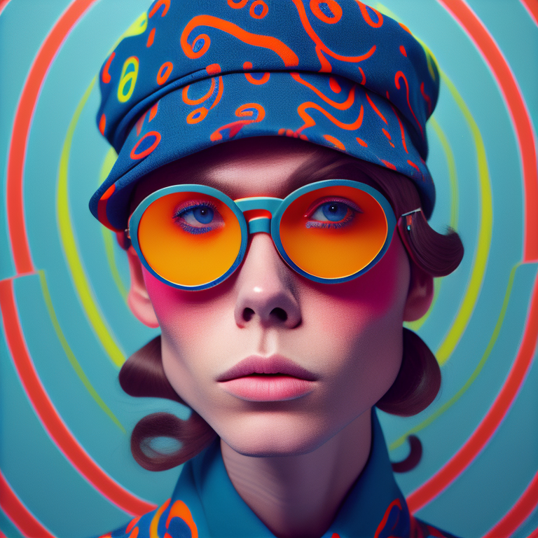 1960s inspired medium of a model in with round Lennon-style sunglasses and a sailor's cap, reflecting the psychedelic patterns, using the aesthetic and color palette of Richard Avedon's work, with a Polaroid camera.