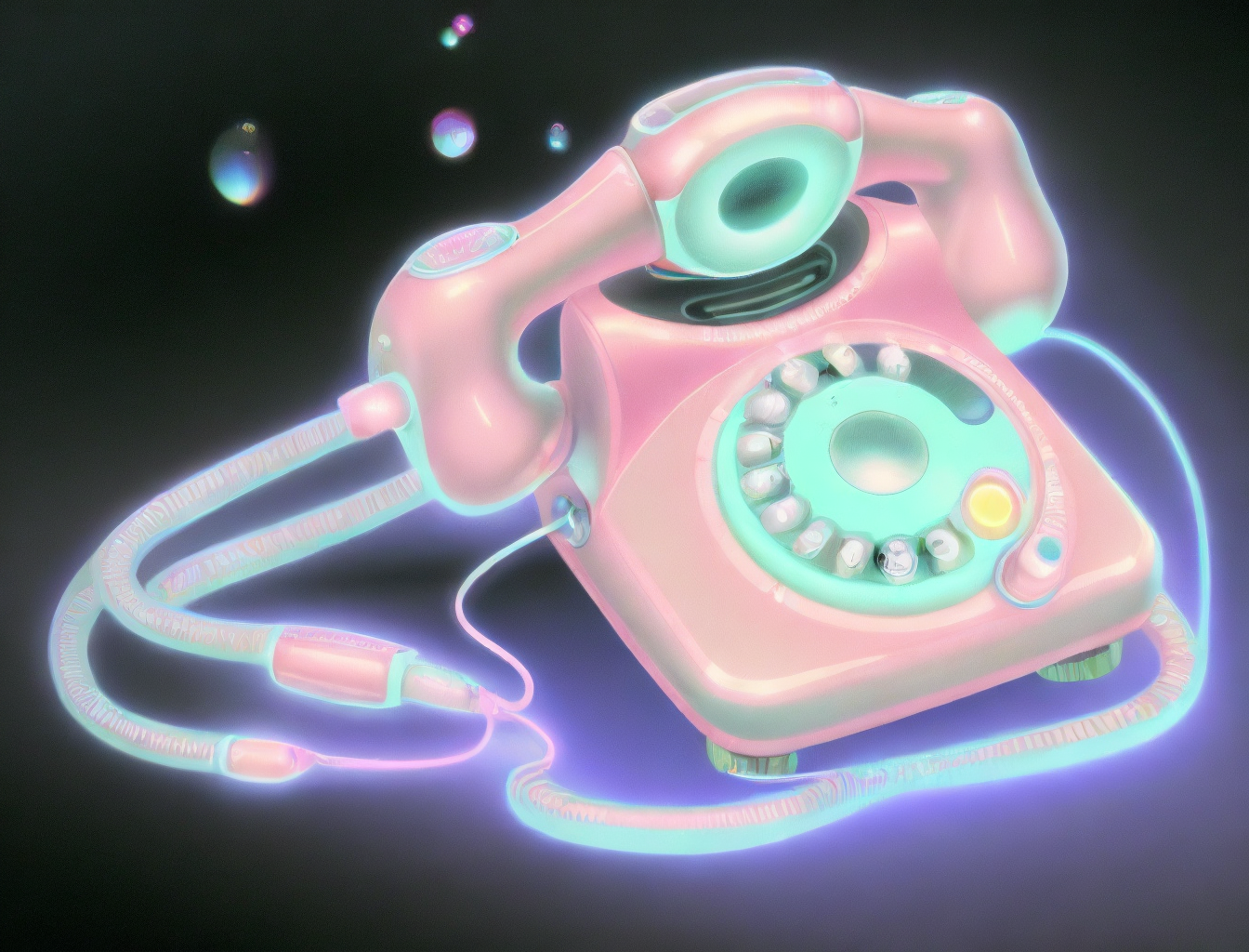 illustration of an pink 70s retro rotary landline phone, curly cord,  phone decorated with crystals, butterfly, airbrush art stye illustration, bubbles, gloomy nebulous light, gradient