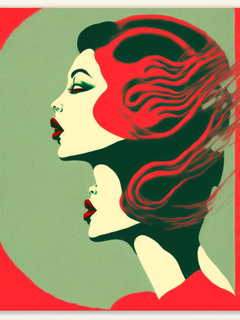 Funky illustration of an feminine women side profile, blowing a kiss, grunge alien makeup, red lips, lipstick, light grid, pastel colros, light background, japanese art, early 80s, retro new wave, airbrush art, retro futuristic, sci fi art