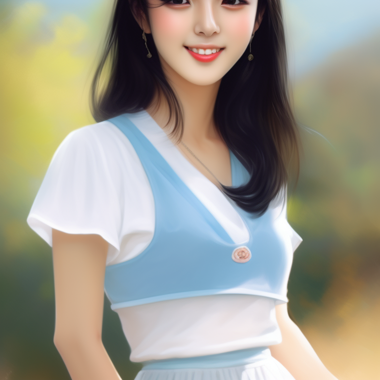 a pretty Korean girl, black hair, brown eyes, fine tuned, small face, big breast, smiling, thin lips, realistic, wearing white shirtts and skyblue skirt