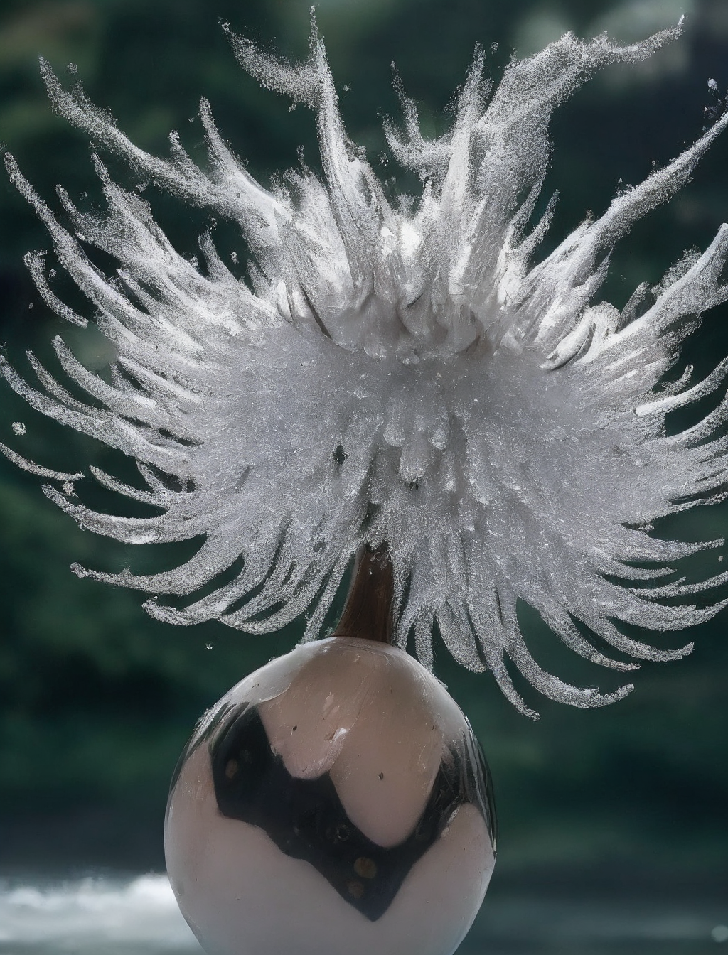 A platinum sphere falling quickly into a water lake, causing dynamic splashes, in a fast-paced, high-speed photography style similar to the works of Edgardo Cruz.