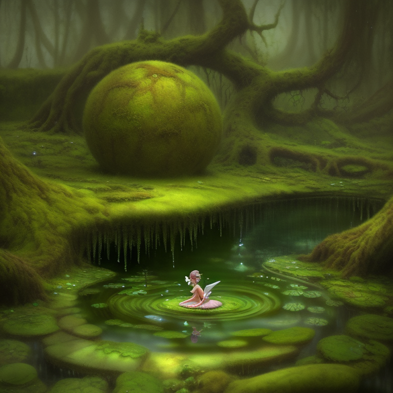fairy in a mossy miniature landscape looking longingly at herself in a pool of water