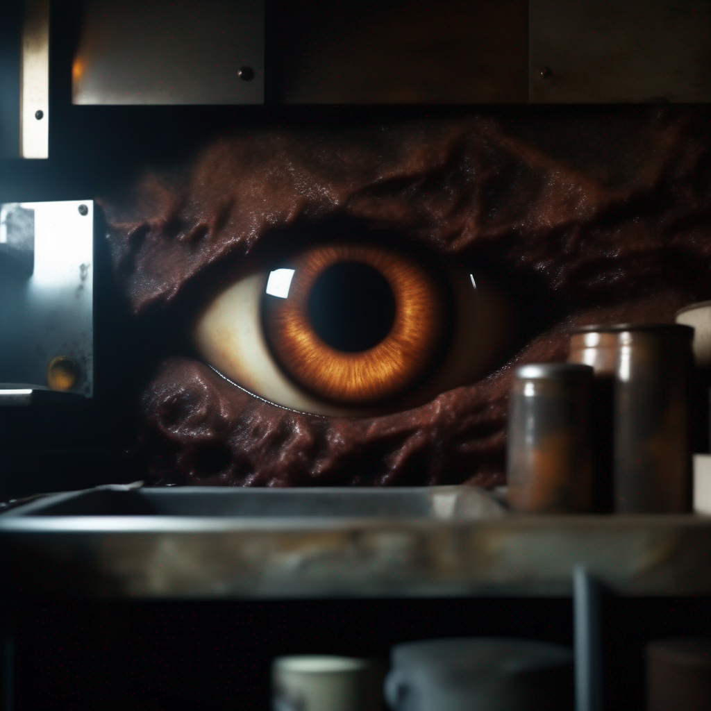 a hyper detailed filmic realistic atmospheric wide shot photograph of a one very small weird eye on a filthy wall in a big dark professionnal kitchen in the style of a John Carpenters The Thing movie
