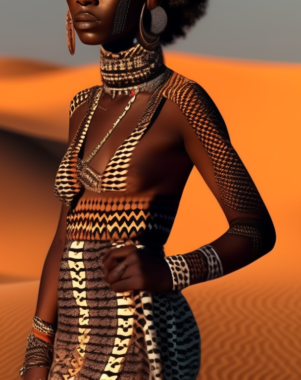 Ultra realistic symetric mesmerising full body fashion afro woman wearing bogolan clothing futuriste high resolution high light reflection in desert of Sahara sunset