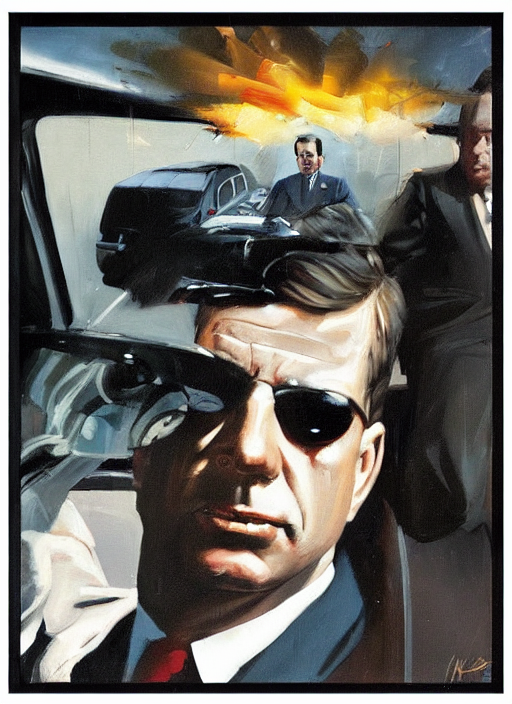 jfk in car being shot, dallas, lee harvey oswald, assassination, exploding head, painting by phil hale, fransico goya,'action lines '!!!, graphic style, visible brushstrokes, motion blur, blurry, visible paint texture, crisp hd image