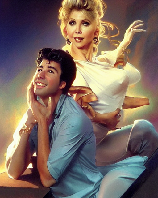Portrait of a Olivia Newton John from Grease going up to heaven, Michael Mcintyre looks on in background, real life skin, intricate, elegant, highly detailed, artstation, concept art, smooth, sharp focus, art by artgerm and greg rutkowski and alphonse mucha