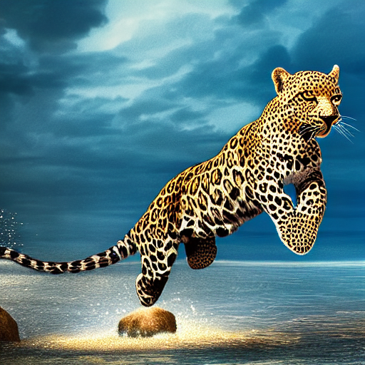 a leopard jumping in the water on the beach, highly-detailed, dramatic lighting, artstation, 4k, cinematic landscape