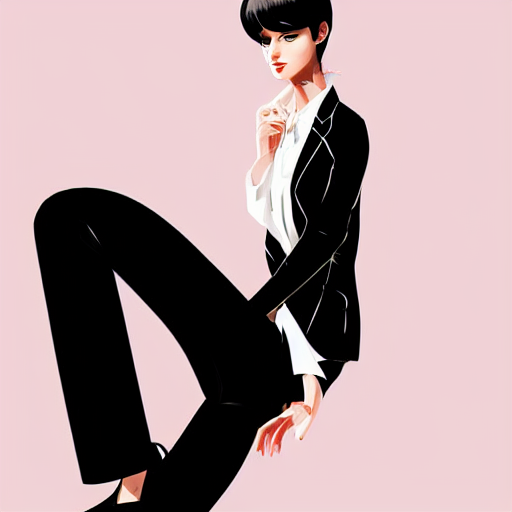 slim girl in tuxedo with short black hair, elegant, 2d, ultra highly detailed, digital painting, smooth, sharp focus, artstation, art by Ilya Kuvshinov