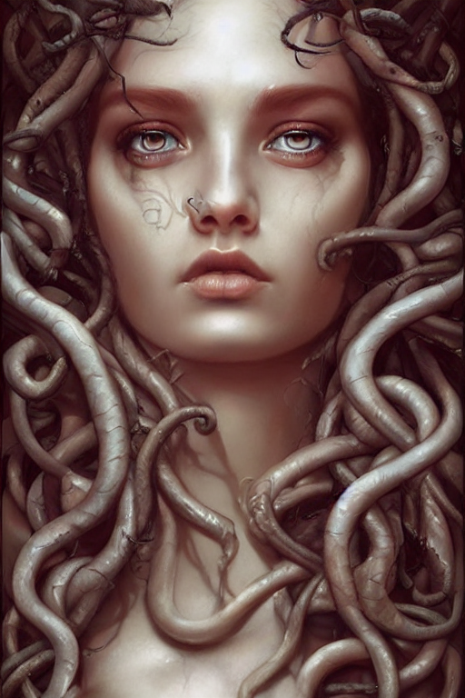 a close - up portrait of a hauntingly beautiful medusa, painted by artgerm and tom bagshaw, highly detailed digital art