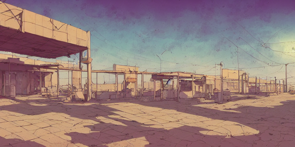 an old and abadoned israeli bus station in the negev, without people, noon, sunlights, wide shot, digital art, ghibli style, vivid colors, flat colors, trending on artstation, high quality