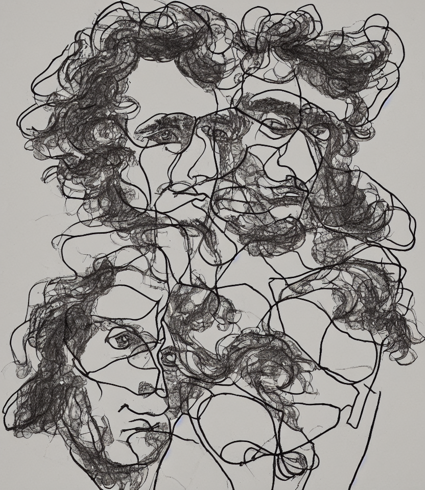 minimalist line art portrait of german composer ludwig van beethoven, inspired by egon schiele. contour lines, freestyle twirls and curves, musicality