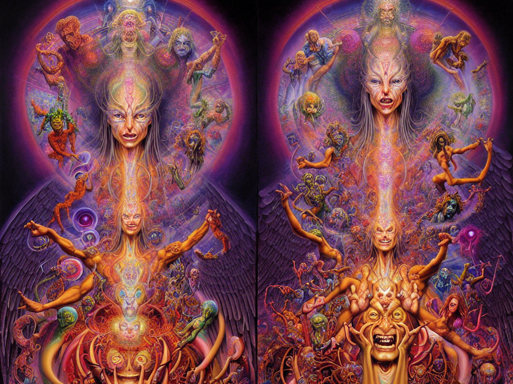 realistic detailed image of a friendly figures of psychedelic gods, angels and demons made of light dancing in the outer 5th dimensional field by Alex Grey, by Ayami Kojima, Amano, Karol Bak, Greg Hildebrandt, and Mark Brooks. rich deep colors. Beksinski painting, part by Adrian Ghenie and Gerhard Richter. art by Takato Yamamoto. masterpiece