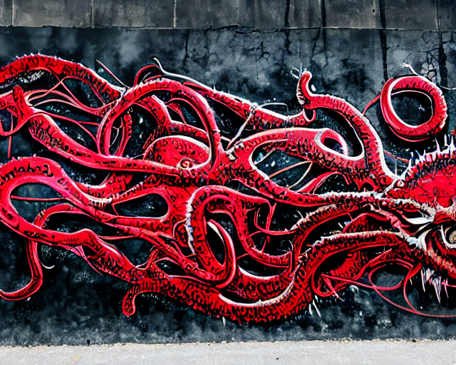 16k photorealistic image of a wall that has some lovecraftian graffiti on it inspired by wretched dragon rib cage. lovecraftian graffiti in red and black colors. the art is cursed and ecrusted with jewels. the grafiiti is inspired by cobwebs and venom.