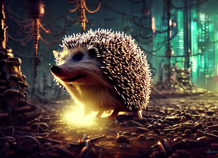intricate hedgehog with nails instead of needles, on the background of a weird magical mechanical forest. Very detailed 8k. Fantasy cyberpunk horror. Sharp. Cinematic post-processing. Unreal engine. Nanite. Ray tracing. Parallax. Tessellation