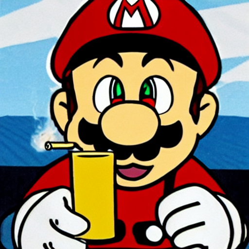 super mario drinking bourbon and smoking a joint, realistic, defined