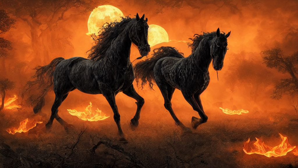 rampant black horse with fiery eyes a headless colonial rider!!!! holds a ( jack - o - lantern ), background gnarled trees and large supermoon, in the styles of greg rutkowski, keith parkinson, and john quidor, intricate, detailed, volumetric lighting