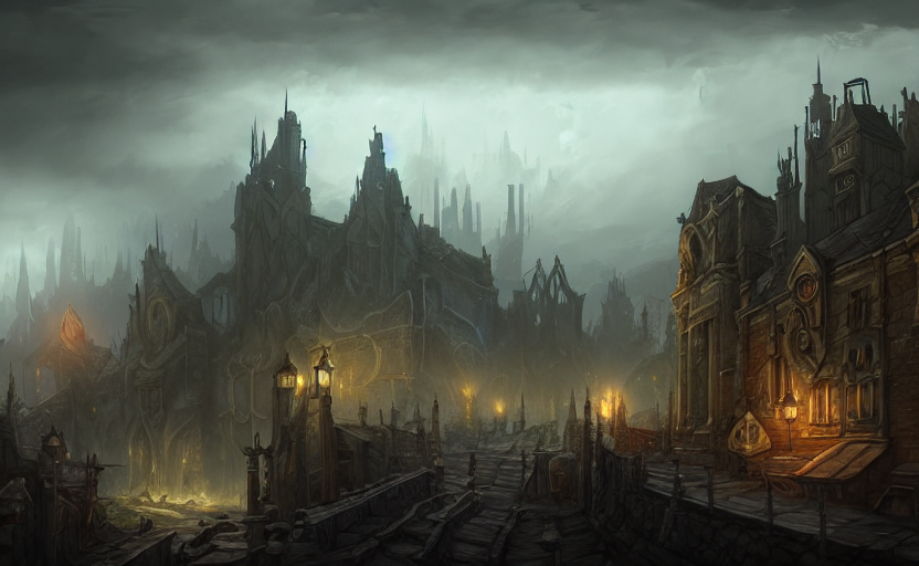 extreme long shot concept art depicted old english majestic town, dramatic mood, overcast mood, dark fantasy environment, dieselpunk, art from legends of runeterra, art from league of legends, art from arcane, trending on artstation, unreal engine, golden ratio, spectacular composition