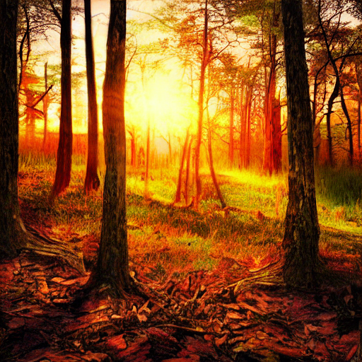 photorealistic photo of a forest at sunset, highly detailed