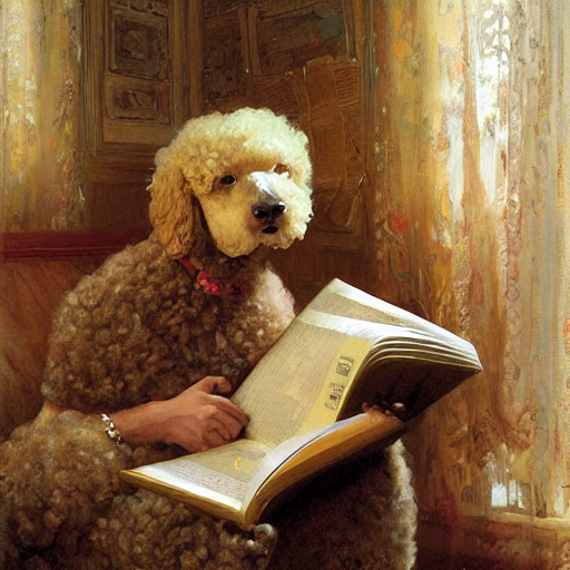 a poodle reading a big book, highly detailed painting by gaston bussiere, craig mullins, j. c. leyendecker 8 k