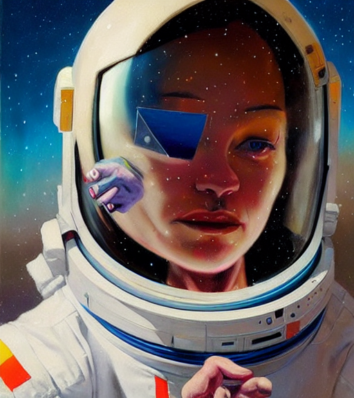 sad female astronaut, by bartholomew beal, alfio presotto, rhads, salustiano garcia cruz, lita cabellut, contemporary art, mixed media, whimsical art, detailed,