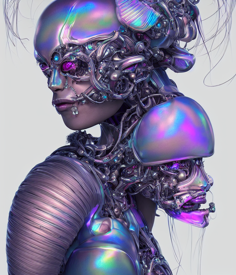 fully symmetrical centered iridescent portrait of a beautiful princess in robe. artificial muscles, ribcage, bones, hard surface modelling. cyberpunk look. biomechanical mask. bio luminescent biomechanical halo around head. jellyfish. artwork by jarold Sng by artgerm, by Eddie Mendoza, by Peter mohrbacher by tooth wu, unreal engine, octane render, cinematic light, high details, iridescent colors, dichroic, macro, depth of field, blur