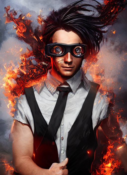 An epic fantasy comic book style portrait painting of young man with red spiked long hair, using googles. Wearing a black waistcoat, white shirt. Fire on his hands. Unreal 5, DAZ, hyperrealistic, octane render, cosplay, RPG portrait, dynamic lighting