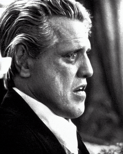 film still close up shot of gary busey as vito corleone from the movie the godfather. photographic, photography