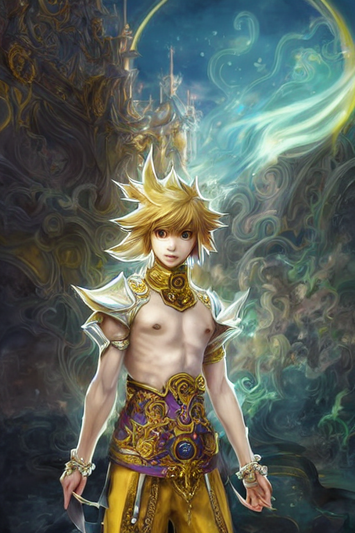 fullbody portrait of a young male fit hero with strange hairs, soft smile, baroque cloth, luminous scene, final fantasy and legue of legends champion, by chengwei pan and sakimichan, gradient white to gold, in front of an iridescent magical building background, highly detailed portrait, digital painting, smooth, focus illustration