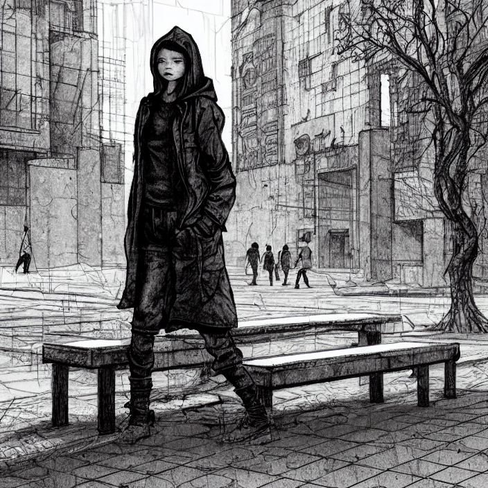 storyboard : sadie sink in hoodie sits on long bench in ruined square, pedestrians walk by, soviet monument and propaganda posters. scifi cyberpunk. by gabriel hardman. cinematic atmosphere, detailed and intricate, perfect anatomy