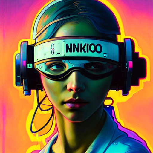 a beautiful portrait painting of a ( cyberpunk ) girl who is blindfolded by simon stalenhag and pascal blanche and alphonse mucha!! and nekro!! and josan gonzalez. in style of digital art. colorful comic, film noirs, symmetry, brush stroke, vibrating colors, hyper detailed. octane render. trending on artstation