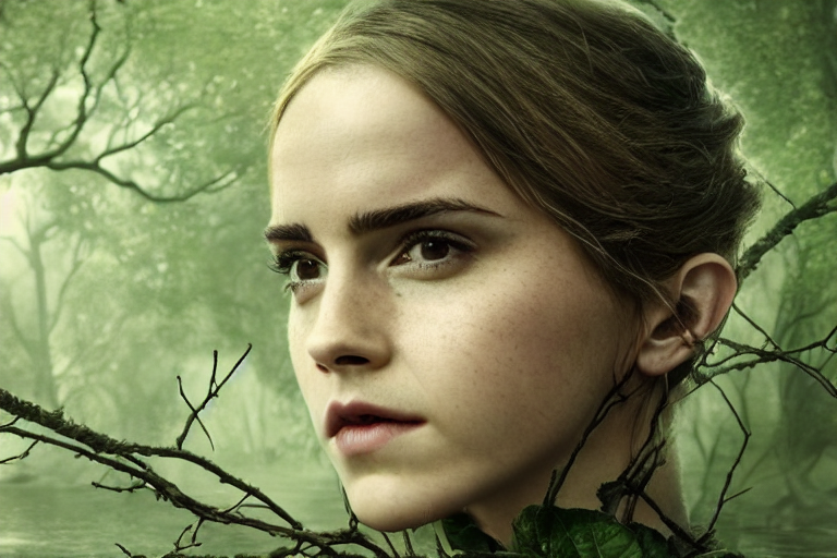 an ultra realistic, cinematic, headshot portrait, of an emma watson avocado, fantasy, elden ring, branches wrapped, facial features, background of a vast serene landscape, with trees and rivers, detailed, deep focus, movie still, dramatic lighting, ray tracing, by michal karcz and yoshitaka amano