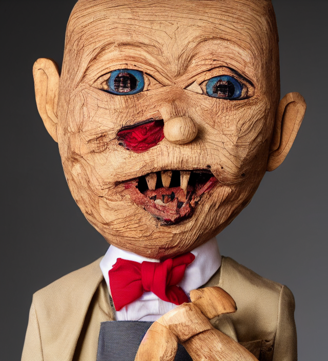 hyper realistic photography of horror ventriloquist wooden puppet with old carved painted head