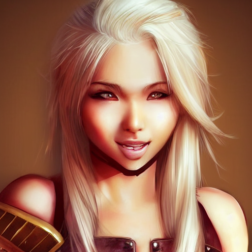 very beautiful blonde asian female barbarian, smiling, flirty, eye contact, perfect face, perfect body, drawn by artgerm