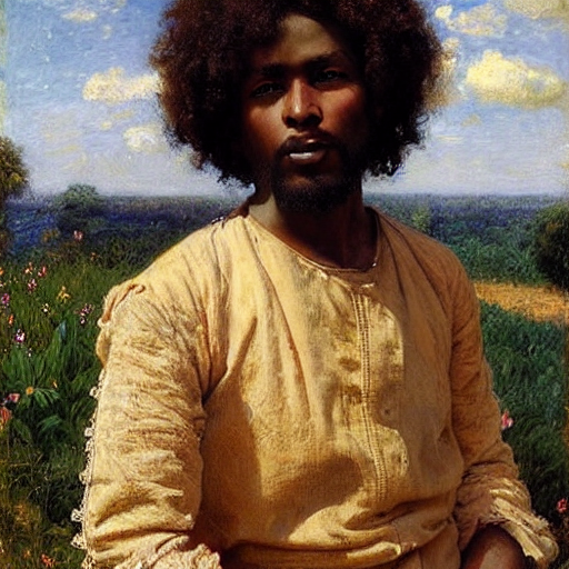 east african man with curly hair, full body, fedosenko roman, j. w. godward, jose miguel roman frances, intricate details, countryside, dreamy, impressionist, figurative