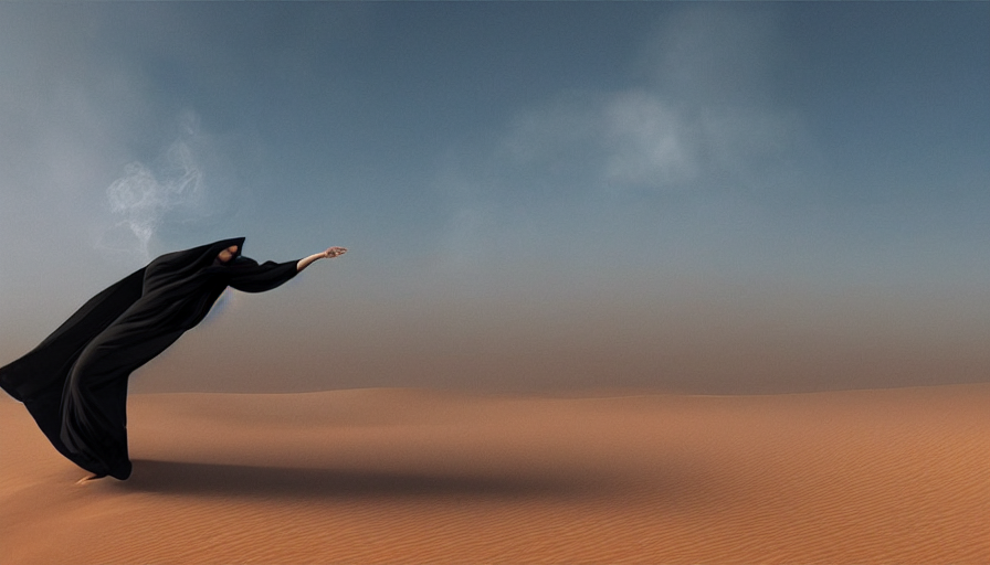 arab woman in niqab floating mid - air in the desert, light, shadows, rippling reflections, steam, epic composition, intricate, elegant, volumetric lighting, digital painting, highly detailed, artstation, sharp focus, illustration, concept art, ruan jia, steve mccurry