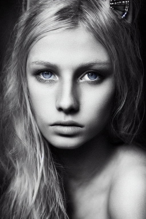 photo realistic portrait of a blonde hair blue eyed teenage girl, sharp jawline seductive pose, Teary-eyed, makeup with a cat close to her. Photography portrait by Paolo Roversi
