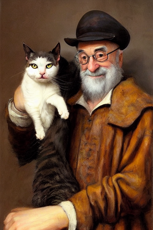 terry pratchett with cat ears, nekomimi, smiling slightly by rembrandt and konstantin razumov