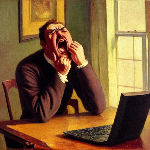 an angry man yells at his computer monitor, oil on canvas, 1 9 0 1