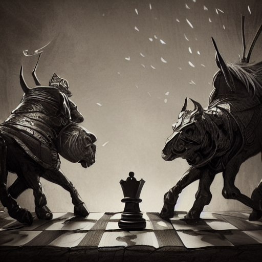 two chess pieces fighting, the knight and the bishop on a wood chess board , fantasy art, in the style of greg rutkowski, illustration, epic, fantasy, intricate, hyper detailed, artstation, concept art, smooth, black and white, sharp focus, ray tracing