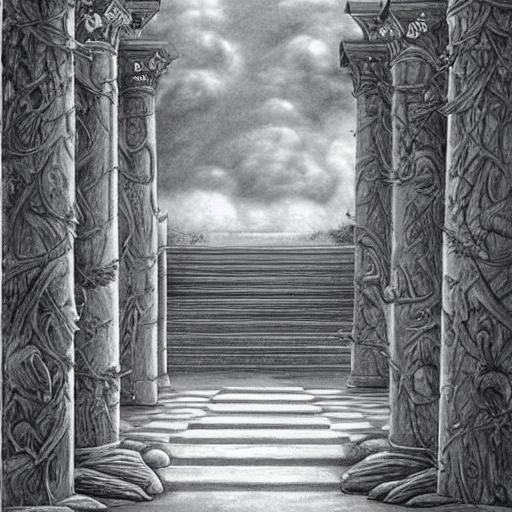 childrens fantasy book illustration of a giant hallway and columns which turn into nature and the clouds and sky. highly detailed drawing. surrealism