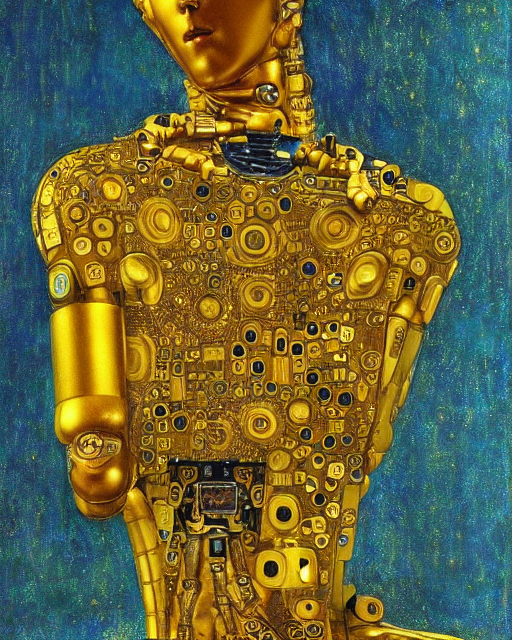 Golden Portrait of a Robot from iRobot by Gustav Klimt, cyberpunk noir, baroque elements, intricate artwork by caravaggio, aesthetic, intricate, highly detailed, masterpiece