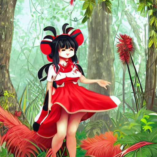 an digital illustration of reimu in the jungle wearing bonnet