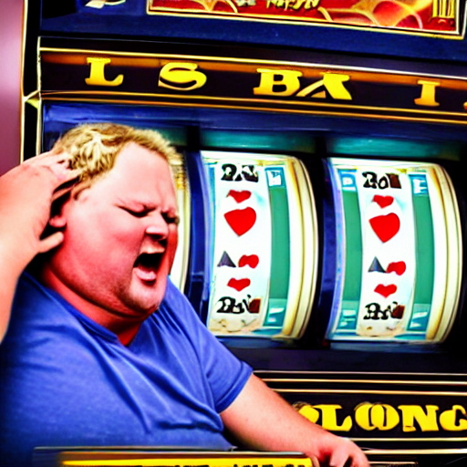 fat blonde man crying while losing money on a slot machine