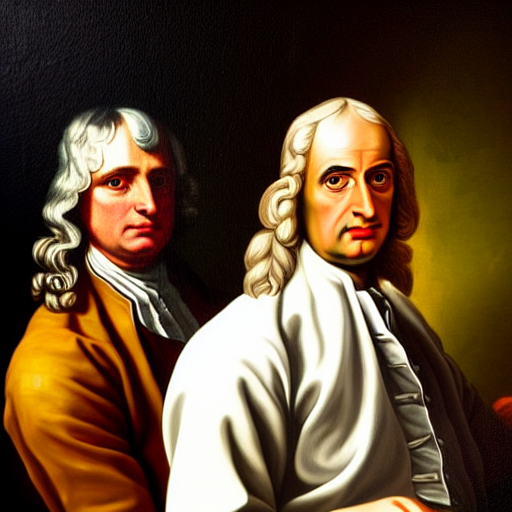 a classical portrait of sir isaac newton and tupac shakur, chillin at the club together, photorealistic oil on canvas, brilliant detail