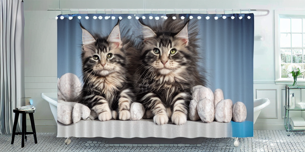 a maine coon kitten artwork themed shower curtain, shower curtain. digital art. product photography. product lighting. 4 k, highly detailed. saturated. toy story ( film ).