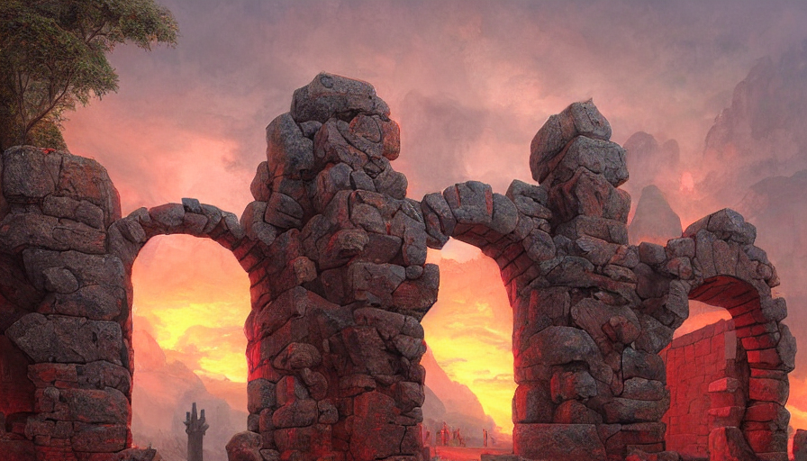 gigantic stone gates that serve as the entrance to the underworld, fire, red sky, red rain, rule of thirds, highly detailed, volumetric lighting, trending on artstation, concept art, matte painting, 4k, octane render, art by ted nasmith and greg rutkowski