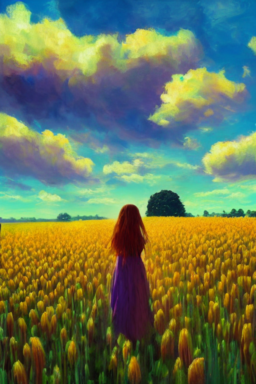 giant corn flower head, girl walking in a flower field, surreal photography, sunrise, dramatic light, impressionist painting, colorful clouds, digital painting, artstation, simon stalenhag