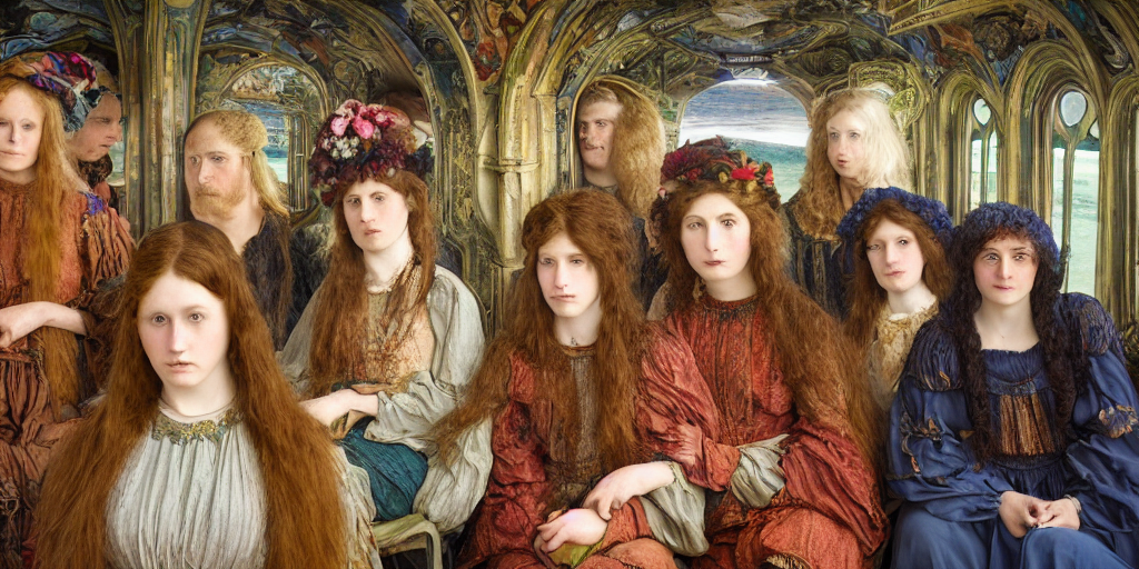 detailed colour preraphaelite photograph group portrait of amazingly characterful people sat down extreme closeup, in the inside of the beautiful underwater train to atlantis, crowds of people sat down wearing weird clothes, 4 k