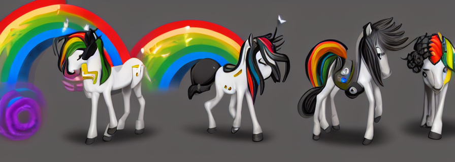 glados portal 2 photorealistic portrait with background of ponies and rainbows, high details